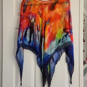 Vibrant Watercolor Silk-Look Top in Orange, Blue & Green